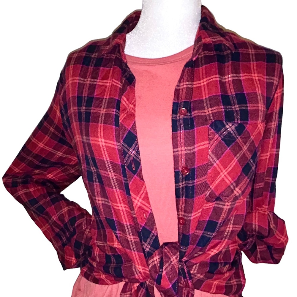 Beachlunchlounge plaid sparkle flannel shirt / maroon / pink / red shimmer